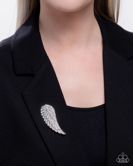 Angelic Affection - White Rhinestone Angel Wing Brooch