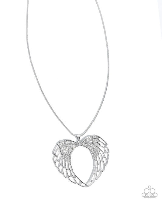 Angelic Accuracy - White Rhinestone Silver Angel Wing Necklace -