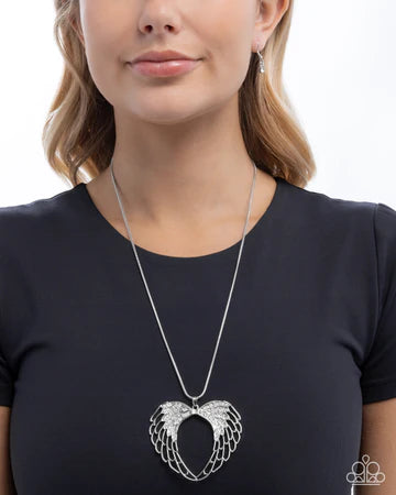 Angelic Accuracy - White Rhinestone Silver Angel Wing Necklace -