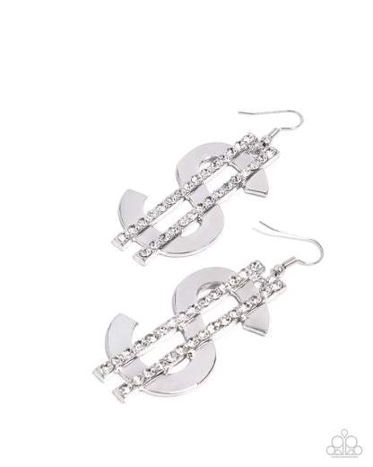 Magnate Moment - White Rhinestone Dollar $ Sign Silver Earrings -