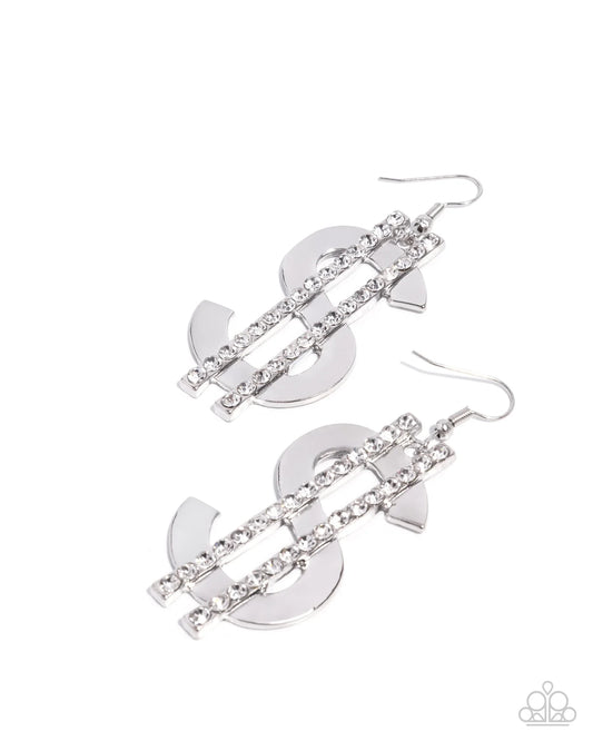 Magnate Moment - White Rhinestone Dollar $ Sign Silver Earrings -