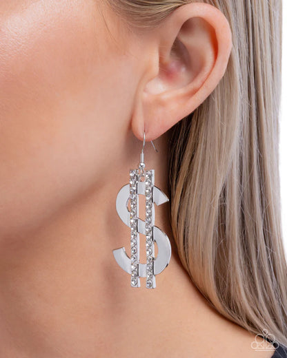 Magnate Moment - White Rhinestone Dollar $ Sign Silver Earrings -