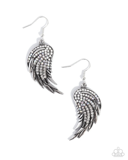 Angelic Appeal - White and Iridescent Silver Angel Wing Earrings -