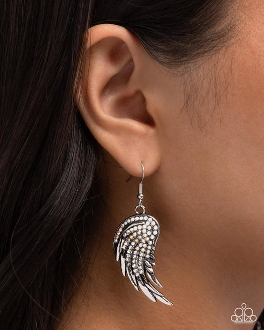 Angelic Appeal - White and Iridescent Silver Angel Wing Earrings -